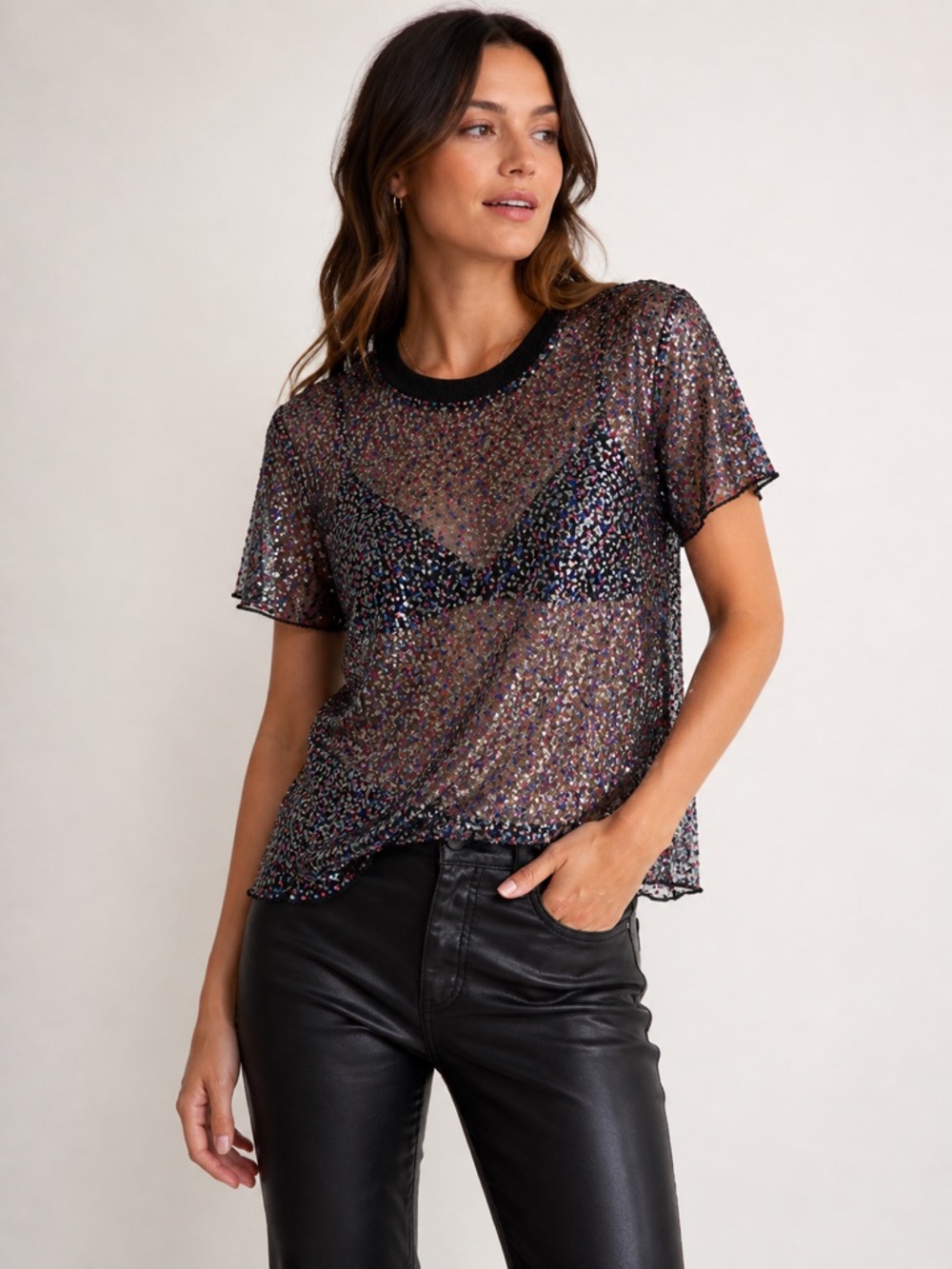 Parker Multicolor Sequin Sheer Short Sleeve Tee